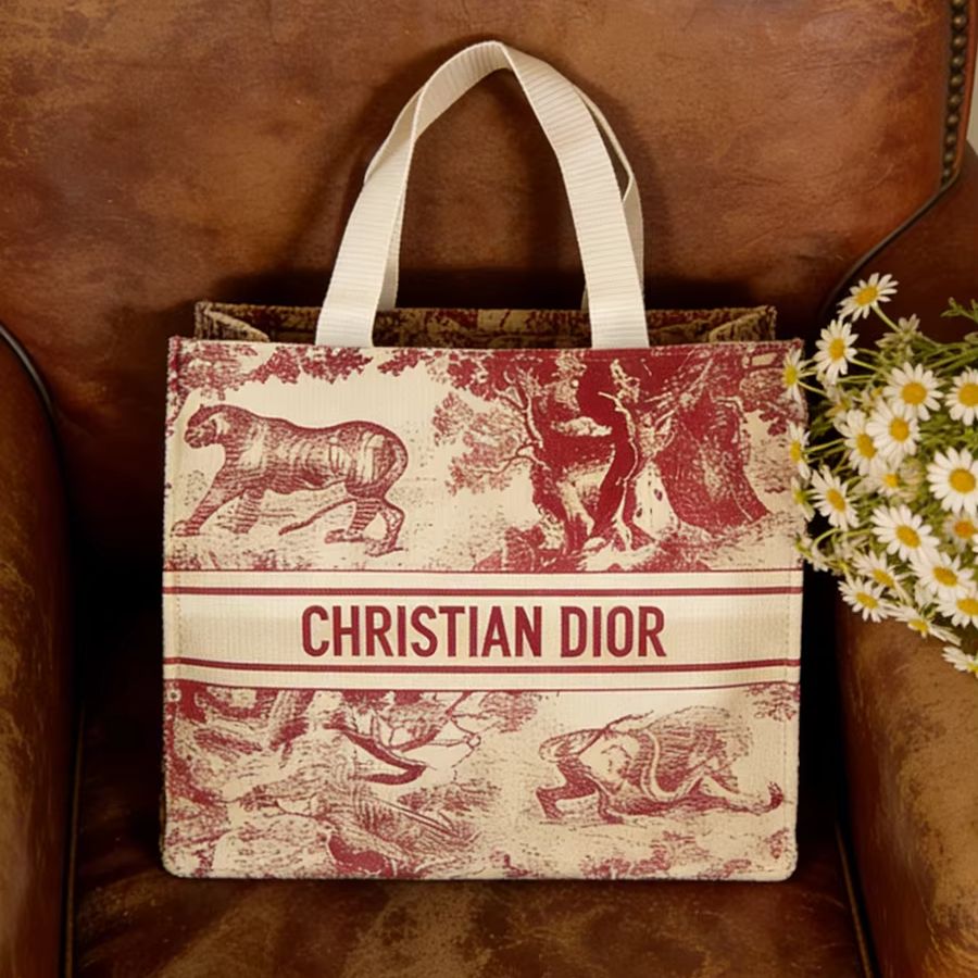 Women Bags Tote Dior - Сумка Christian Dior, красная холщовая сумка-тоут